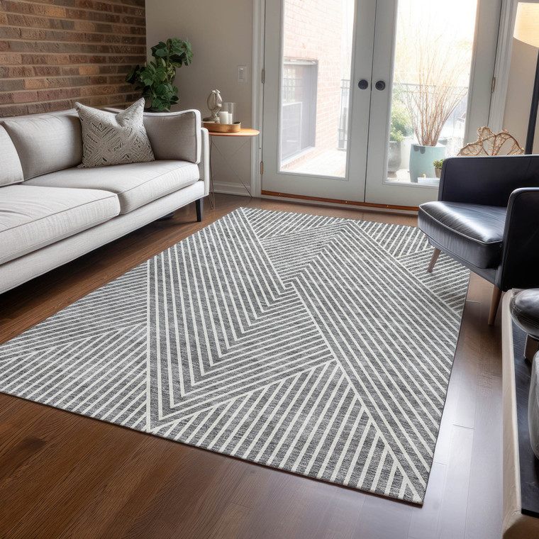 10' X 14' Gray And Ivory Geometric Washable Indoor Outdoor Area Rug Transitional Style - Gray, Ivory Color