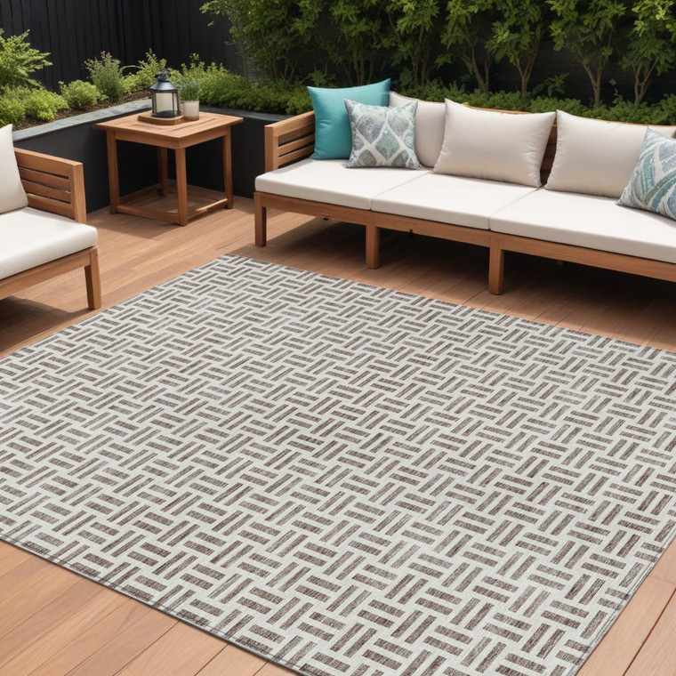 9' X 12' Taupe And Ivory Geometric Washable Indoor Outdoor Area Rug - 880016434286