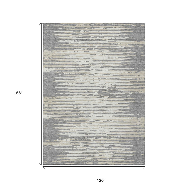 10' X 14' Gray And Ivory Striped Washable Indoor Outdoor Area Rug
