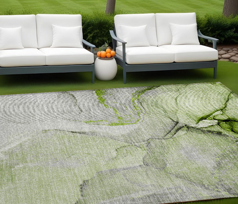 9' X 12' Green Abstract Washable Non Skid Indoor Outdoor Area Rug - 608219279110