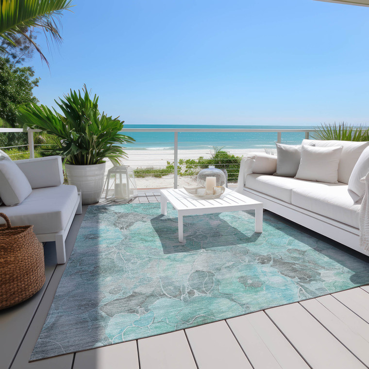 10' X 14' Teal Blue And Gray Floral Washable Indoor Outdoor Area Rug