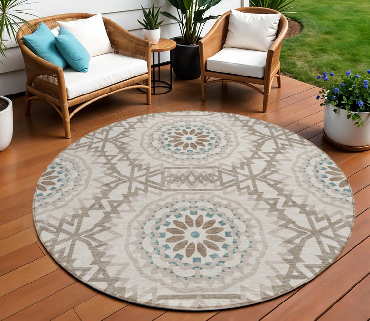8' Beige Brown And Teal Blue Round Floral Medallion Washable Indoor Outdoor Area Rug