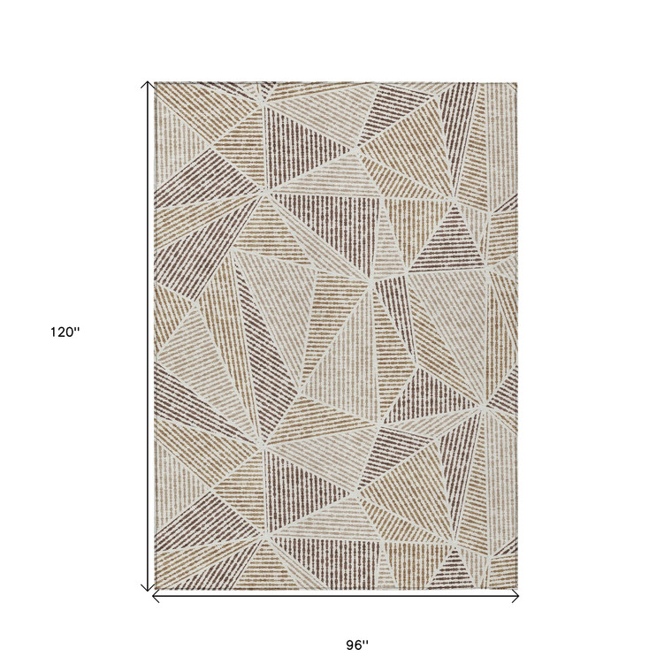 8' X 10' Brown Taupe And Beige Geometric Washable Indoor Outdoor Area Rug