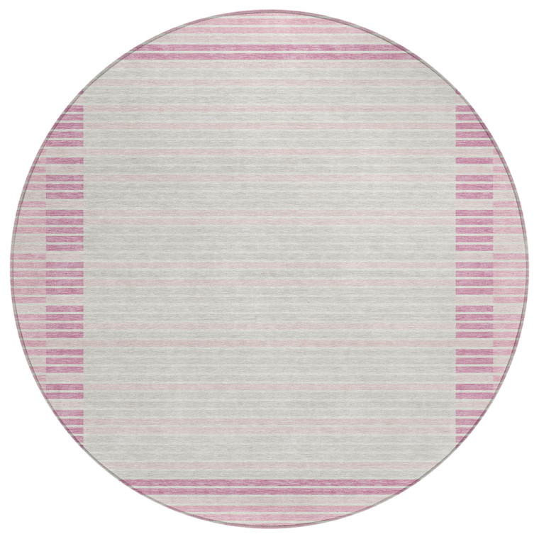 8' Pink And Ivory Round Striped Washable Indoor Outdoor Area Rug Transitional Style - Pink, Ivory Color