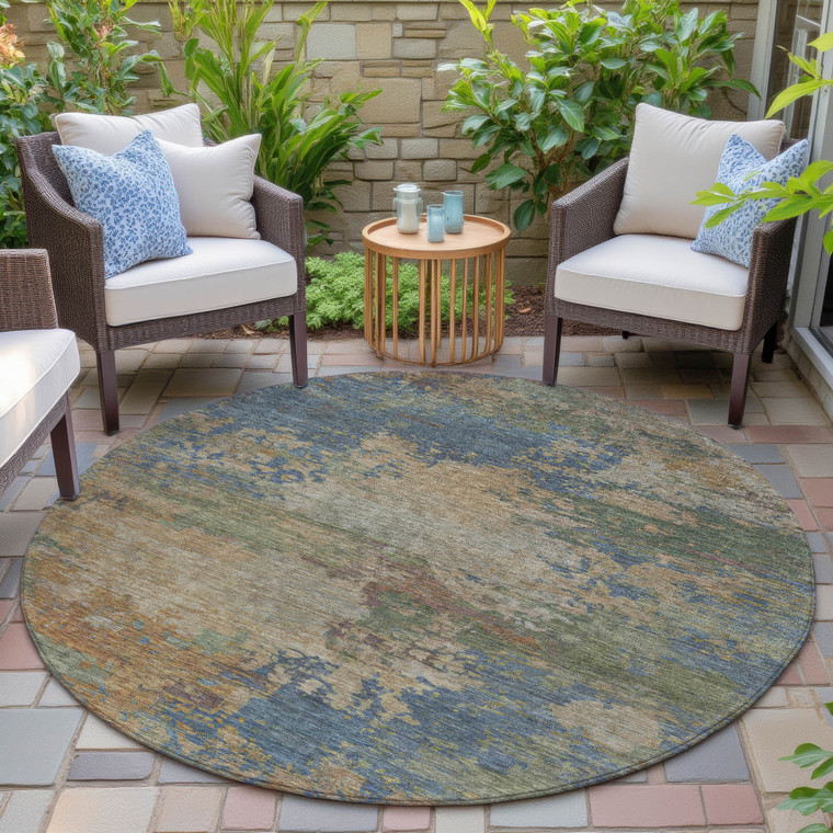 8' Denim Blue Beige And Copper Round Abstract Washable Indoor Outdoor Area Rug