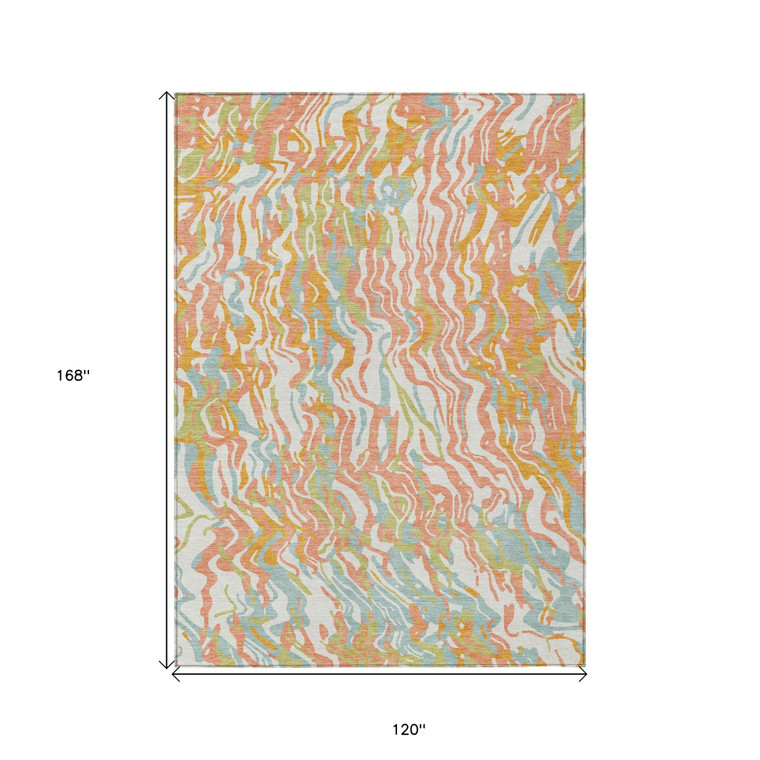 10' X 14' Coral Green And Copper Abstract Washable Indoor Outdoor Area Rug