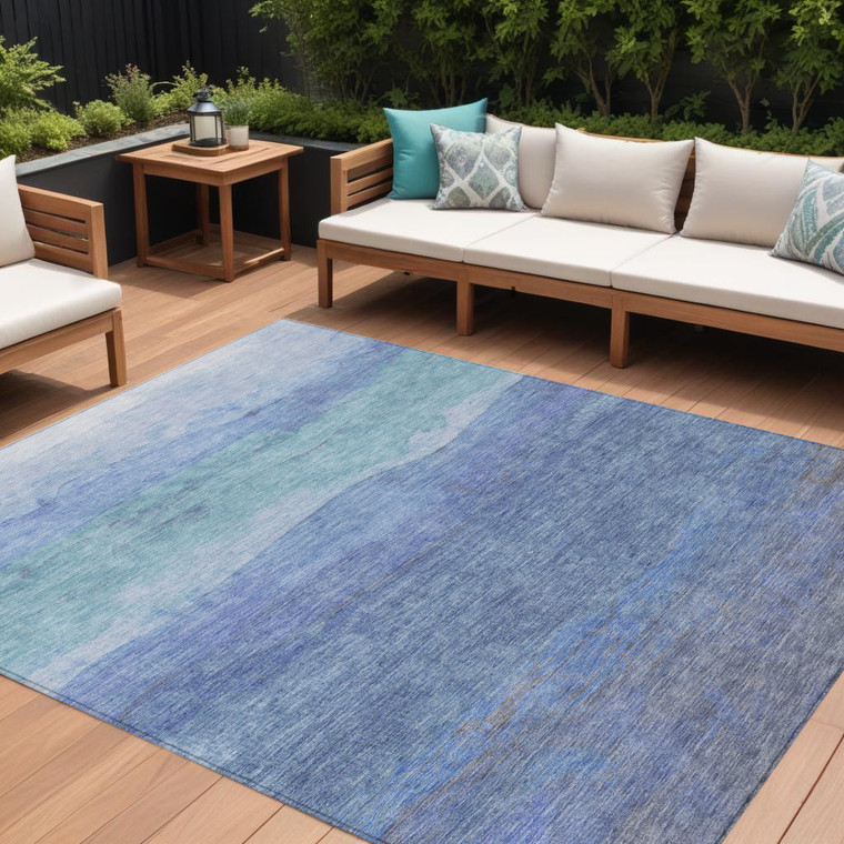 8' X 10' Blue Teal Blue And Sky Blue Abstract Washable Indoor Outdoor Area Rug