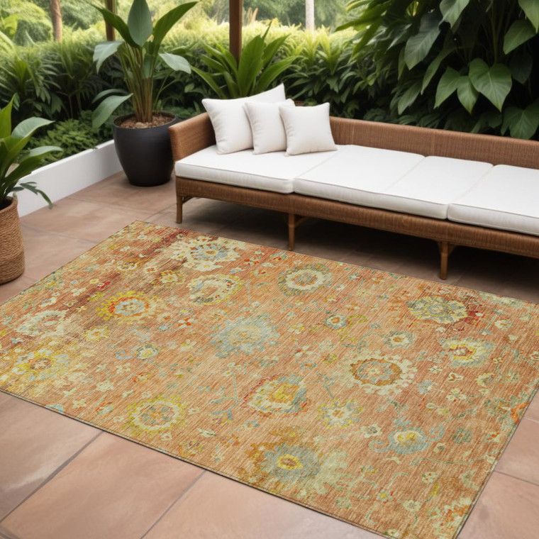 9' X 12' Coral Blue And Green Floral Washable Indoor Outdoor Area Rug