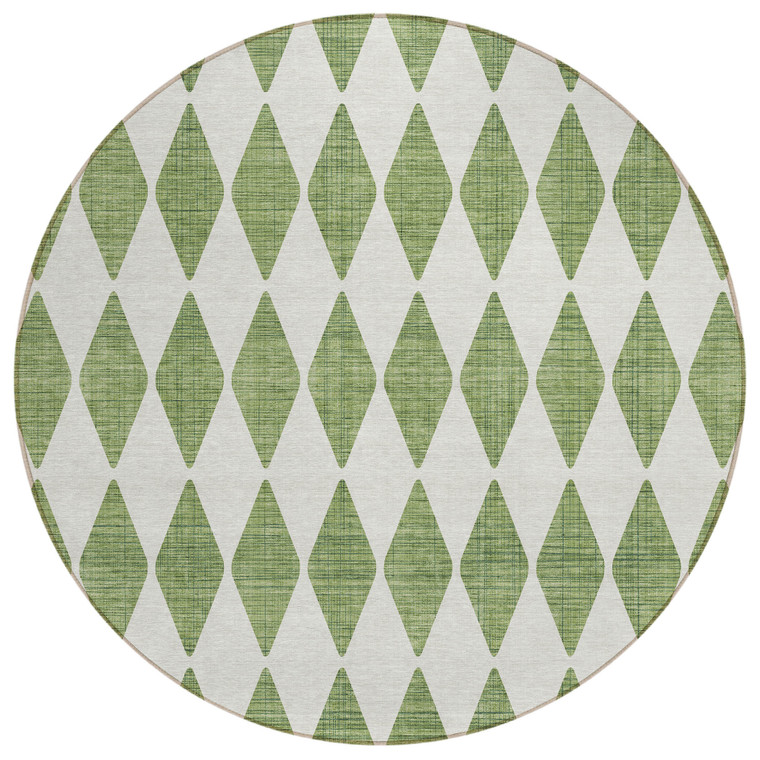 8' Green And Ivory Round Geometric Washable Indoor Outdoor Area Rug