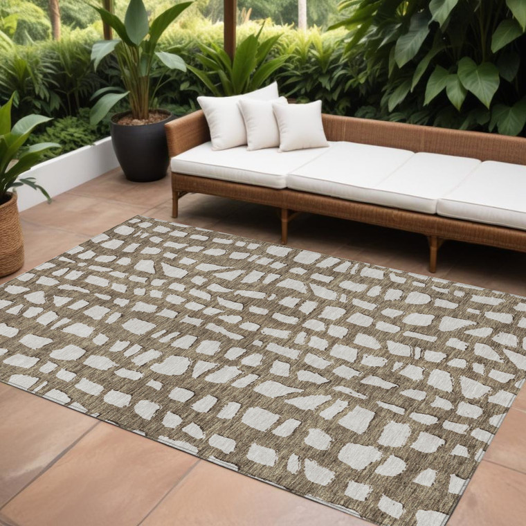 9' X 12' Brown And Ivory Abstract Washable Indoor Outdoor Area Rug - Brown, Ivory