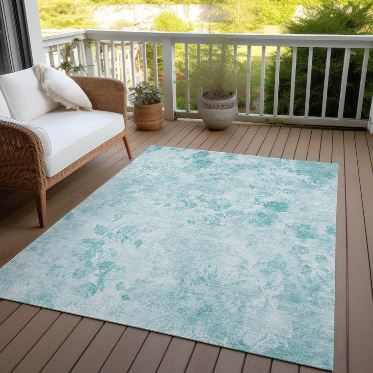 8' X 10' Aqua Teal Blue And Ivory Floral Washable Indoor Outdoor Area Rug
