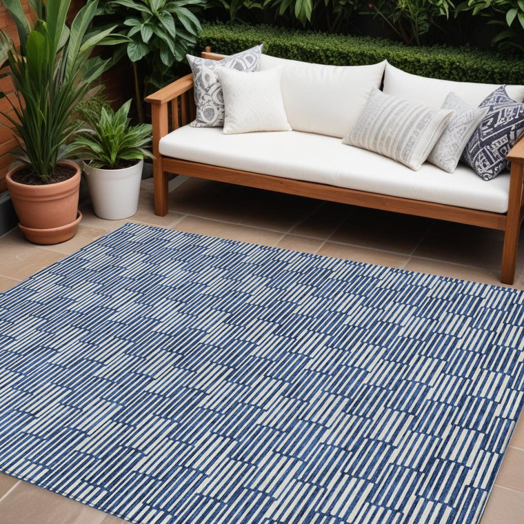 9' X 12' Navy Blue And Ivory Geometric Washable Indoor Outdoor Area Rug Transitional Style - Navy Blue, Ivory Color