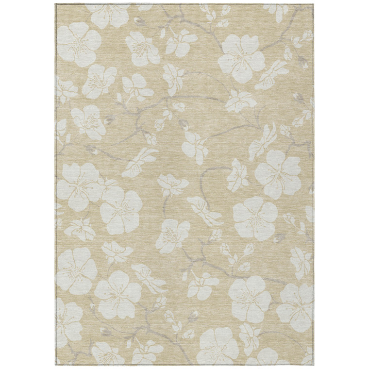 9' X 12' Beige And Ivory Floral Washable Indoor Outdoor Area Rug
