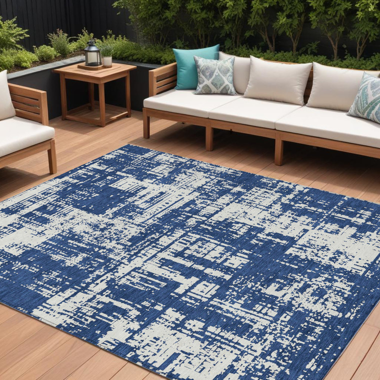 10' X 14' Navy Blue And Ivory Abstract Washable Indoor Outdoor Area Rug - 608219003234