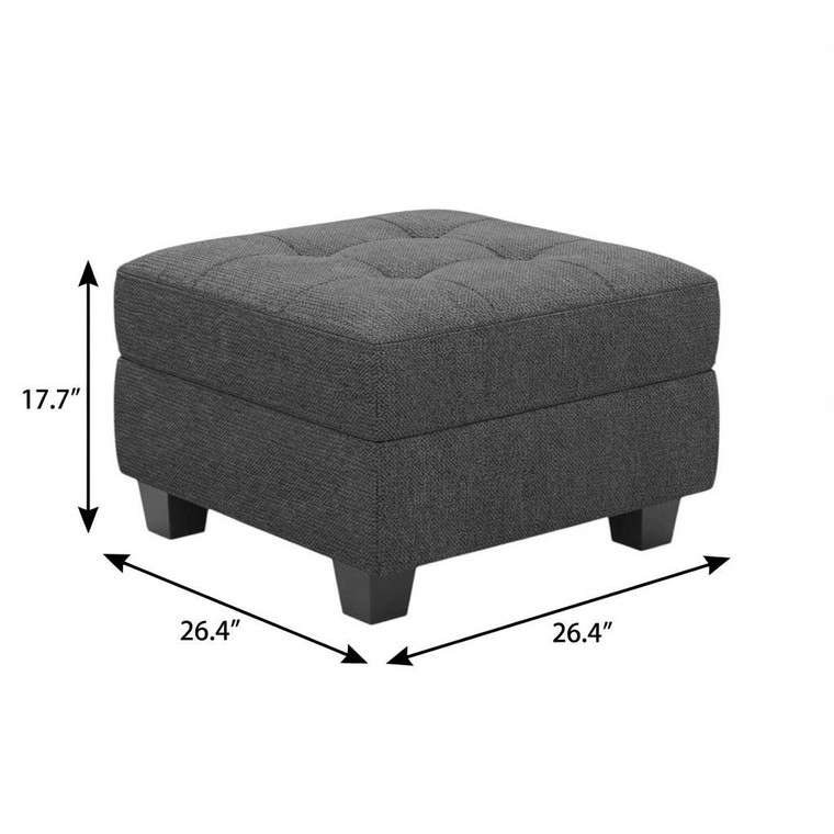 26" Gray and Black Solid Wood and Linen Tufted Storage Ottoman