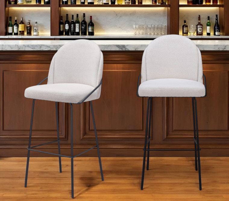 Set of Two 30" Ivory And Black Shearling And Steel Bar Height Bar Chairs