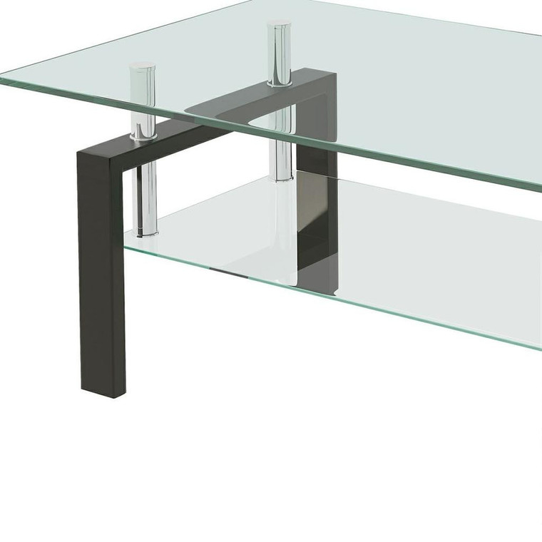 39" Clear and Black Glass and Steel Coffee Table With Shelf