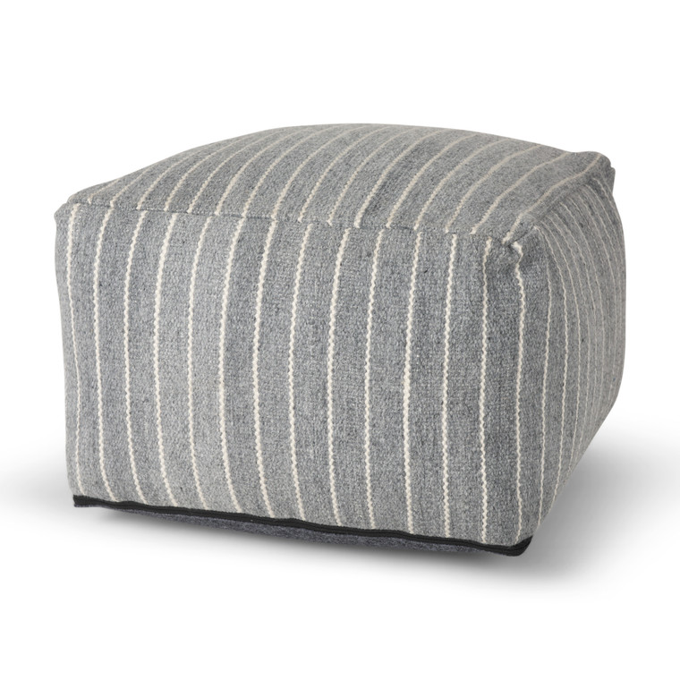 22" Blue and White Textural Stripe Cube Pouf Ottoman