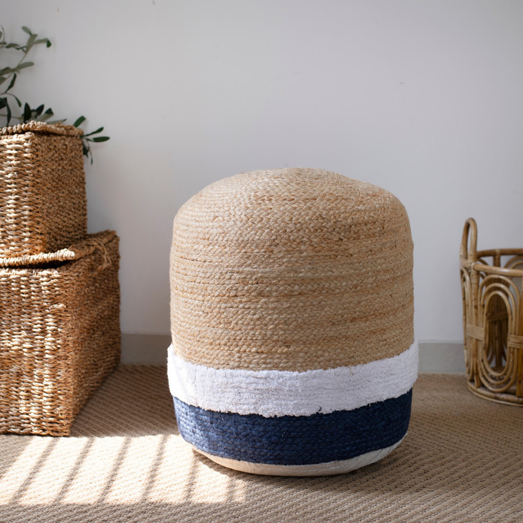 18" Natural And Navy Blue Jute Blend Cylinder Striped Pouf Ottoman - 608219072254