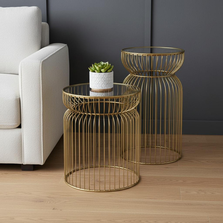 Set of Two Clear and Gold Tempered Glass and Metal Wire Round Drum End Tables
