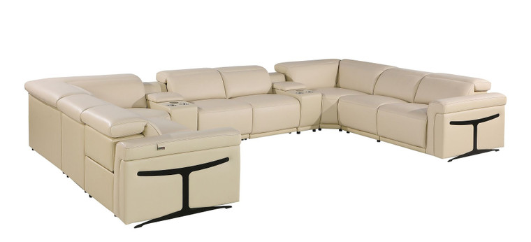 Beige Italian Leather Power Reclining U Shaped Ten Piece Corner Sectional With Console