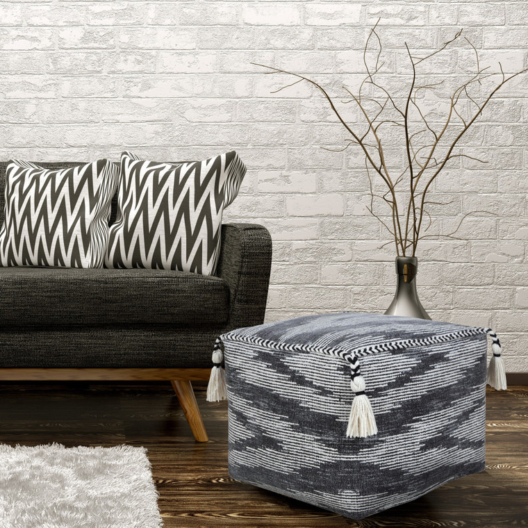18" Gray Cotton Striped Pouf Ottoman Modern Style