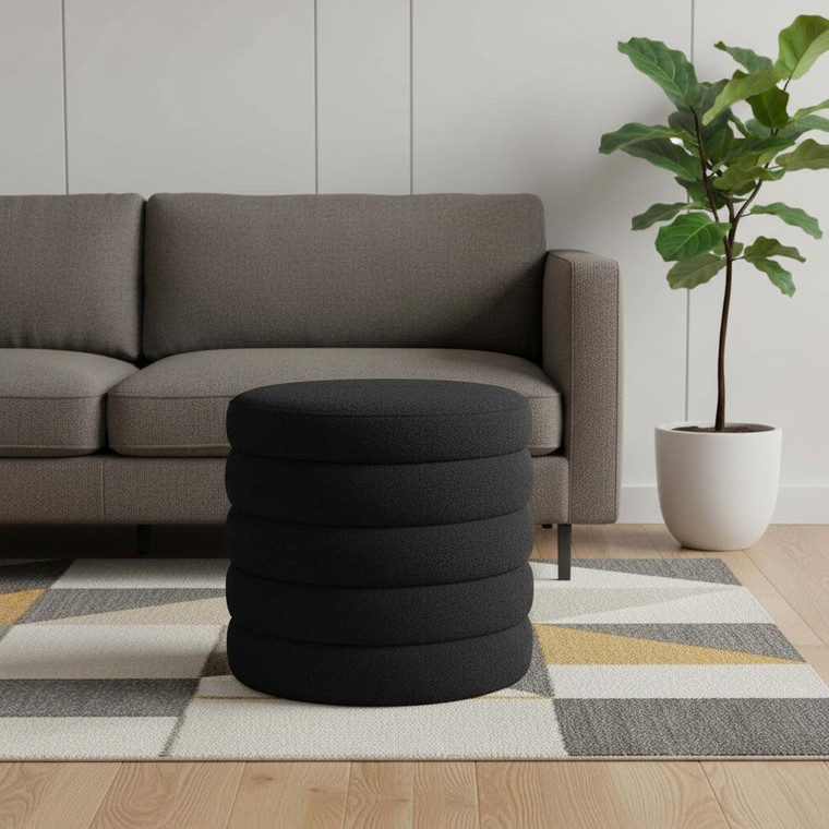 19" Black Boucle Round Storage Ottoman
