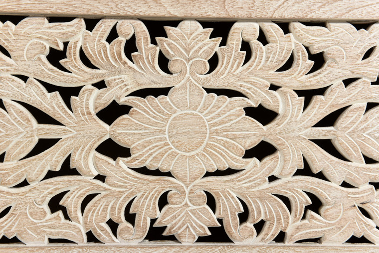 52" White Distressed Solid Wood Carved Floral Storage Ottoman