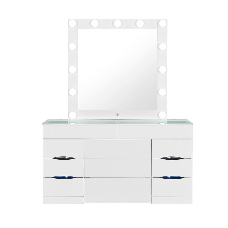 62" White Wood And Glass Six Drawer Vanity Table With Mirror Seating And Lights