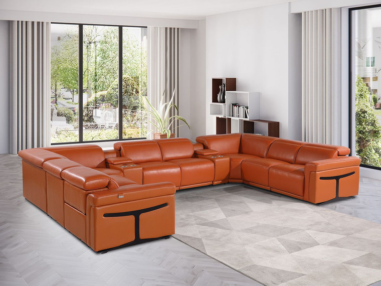 Camel Italian Leather Power Reclining U Shaped Ten Piece Corner Sectional With Console