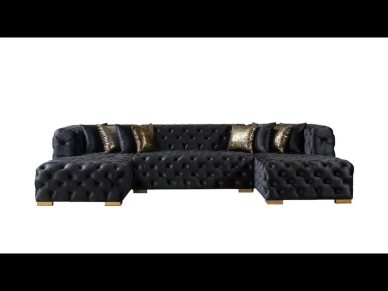 Tufted Black Velvet Modular U Shaped Sofa and Chaise Sectional With Toss Pillows