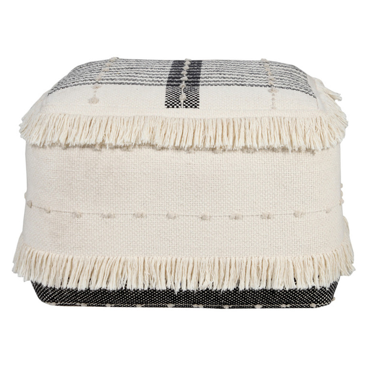 18" White Cotton Striped Pouf Ottoman