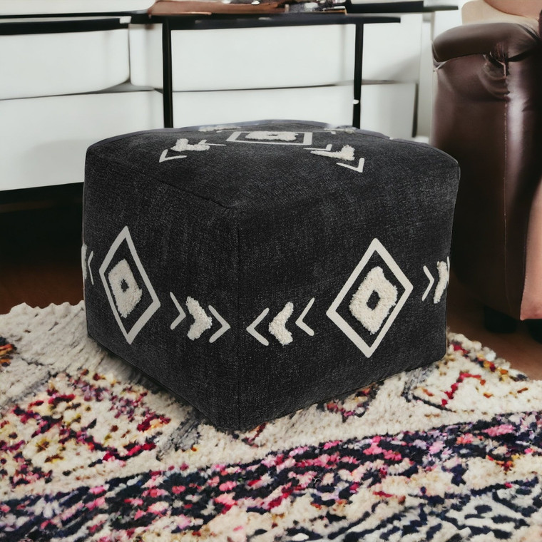 18" Black Cotton Geometric Pouf Ottoman Home Accent
