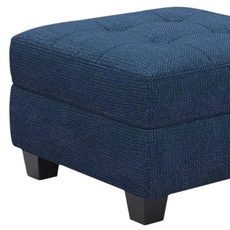 26" Blue and Black Solid Wood and Linen Tufted Storage Ottoman
