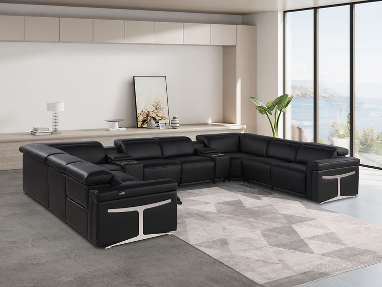 Black Italian Leather Power Reclining U Shaped Ten Piece Corner Sectional With Console