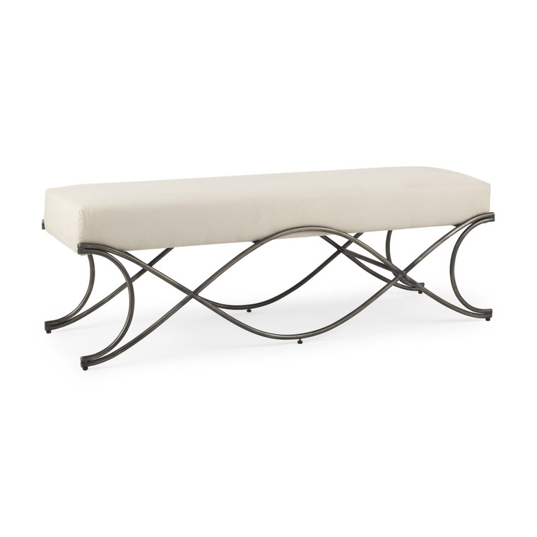 55" Cream and Nickel Fabric and Metal Upholstered Bench