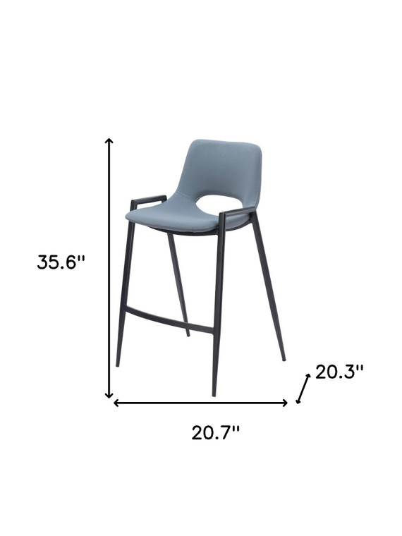 Set of Two 26" Blue And Black Faux Leather And Steel Low Back Counter Height Bar Chairs