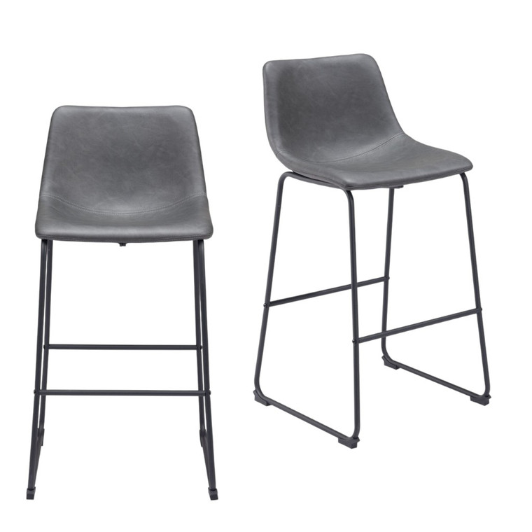 Set of Two 29" Charcoal and Black Faux Leather and Steel Counter Height Bar Chairs