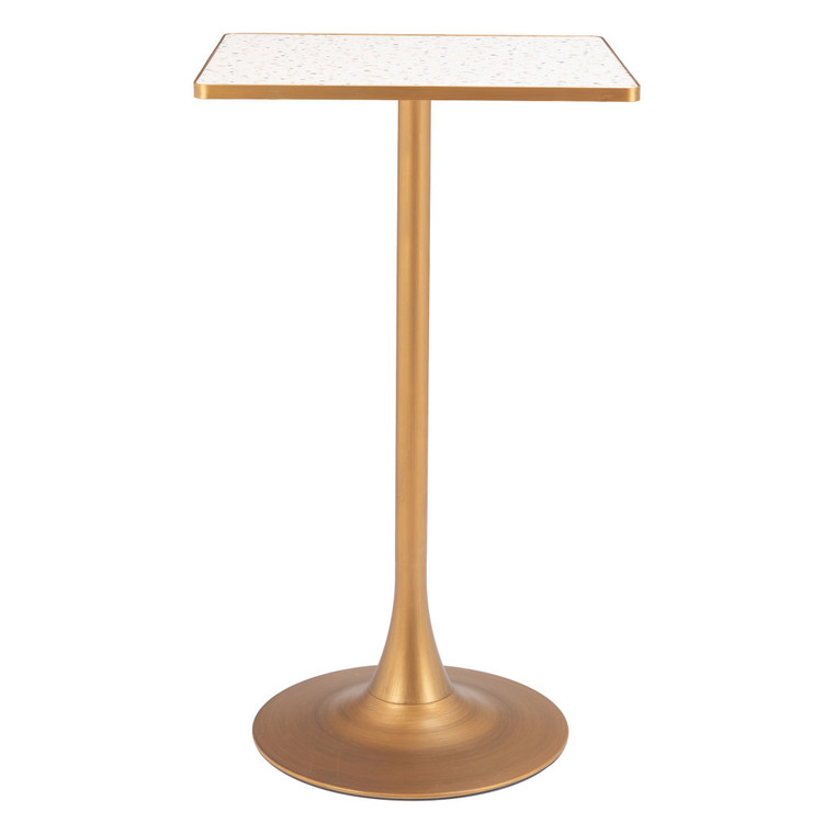 24" Beige and Gold Faux Terrazzo and Steel Square Bar Table