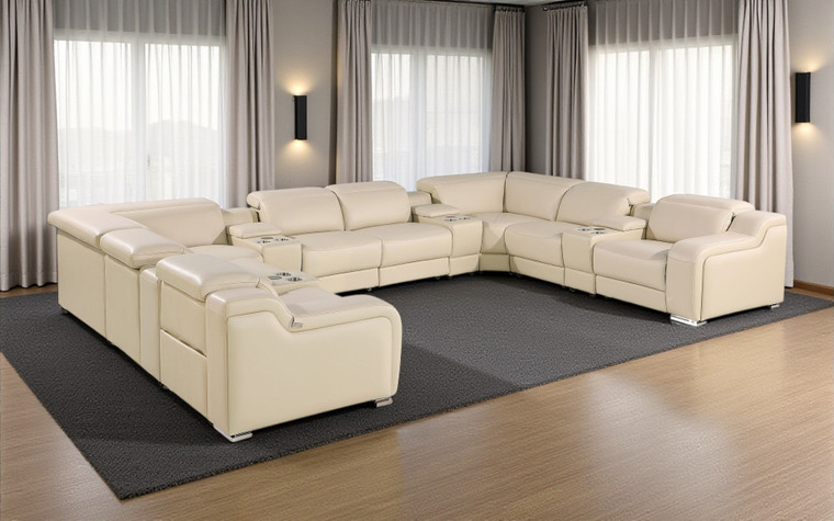 Beige Italian Leather Power Reclining U Shaped Twelve Piece Corner Sectional With Console