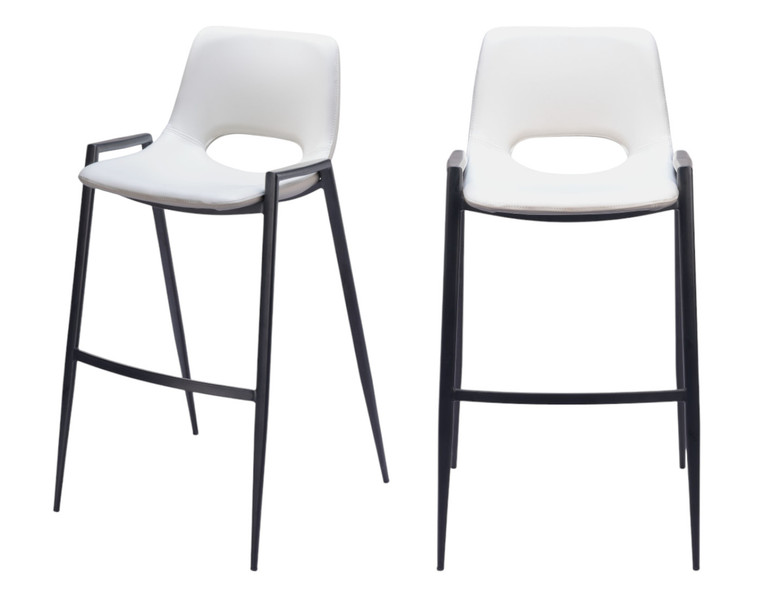 Set of Two 30" White and Black Faux Leather and Steel Low Back Bar Height Bar Chairs