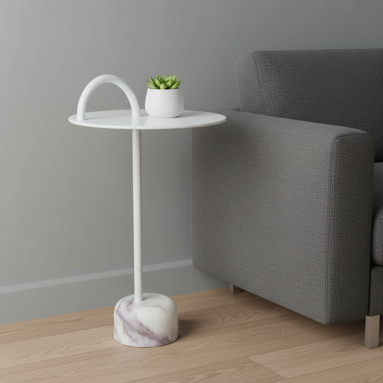 25" White Iron And Marble Round Pedestal End Table