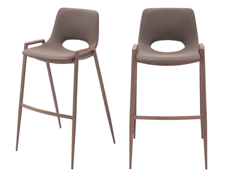 Set of Two 30" Brown Faux Leather And Steel Low Back Bar Height Bar Chairs