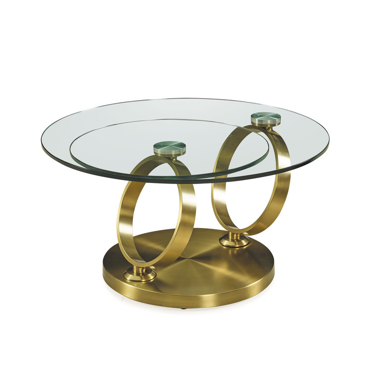 32" Clear And Gold Glass And Metal Round Abstract Coffee Table