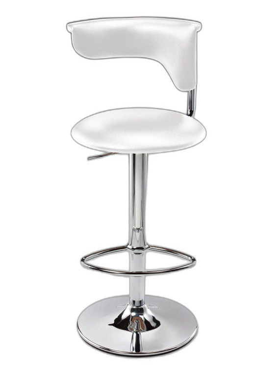 White and Silver Faux Leather and Metal Low Back Adjustable Height Bar Chair