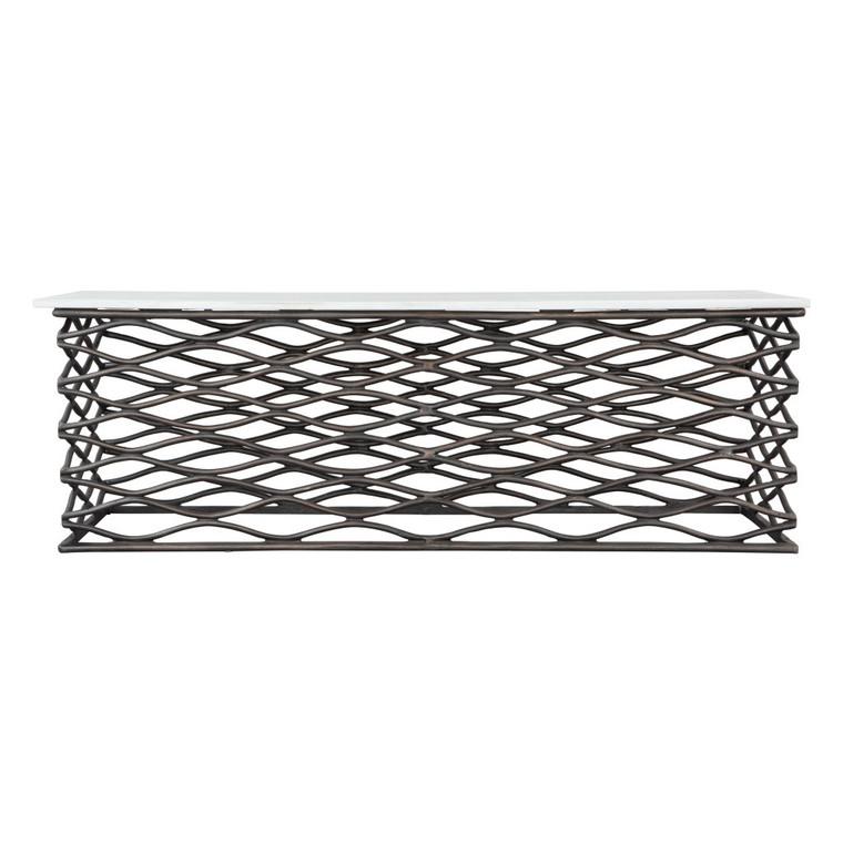 50" White and Antiqued Bronze Genuine Marble and Aluminum Abstract Coffee Table