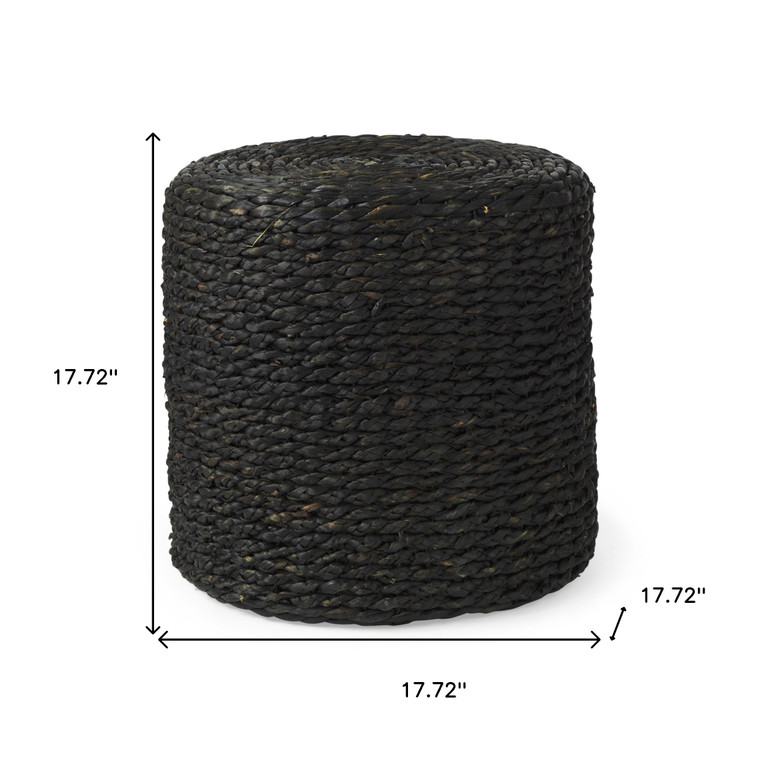 18" Black Water Hyacinth Round Pouf Ottoman