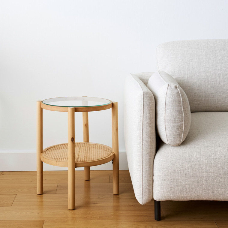 24" Clear and Light Brown Glass and Solid Wood Round End Table With Shelf
