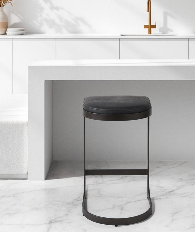 29" Black Faux Leather and Metal Backless Bar Chair