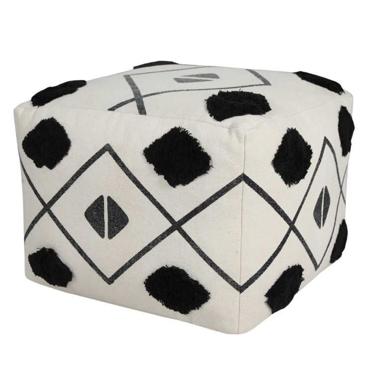 18" White Cotton Geometric Pouf Ottoman